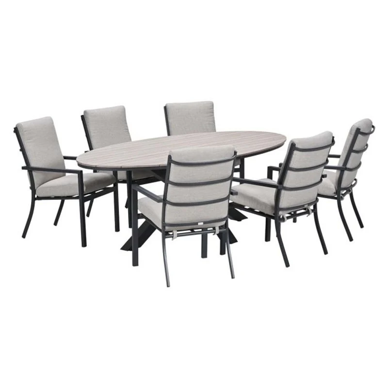 Sergio tuinset 7-delig sandstone met Edison tuintafel ovaal 220x115 cm light teak vironwood