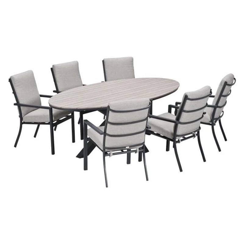 Sergio tuinset 7-delig sandstone met Edison tuintafel ovaal 220x115 cm light teak vironwood