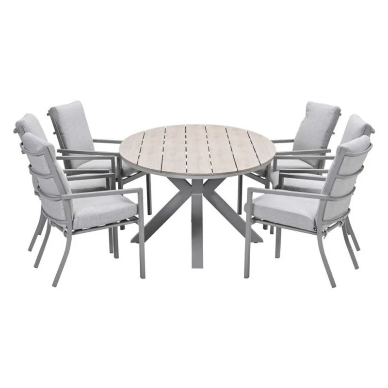 Sergio tuinset 7-delig valley sand met Edison tuintafel ovaal 220x115 cm light teak vironwood
