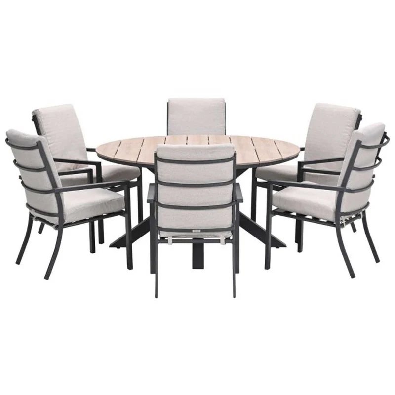 Sergio tuinset 7-delig desert sand met Edison tuintafel rond 148 cm light teak vironwood