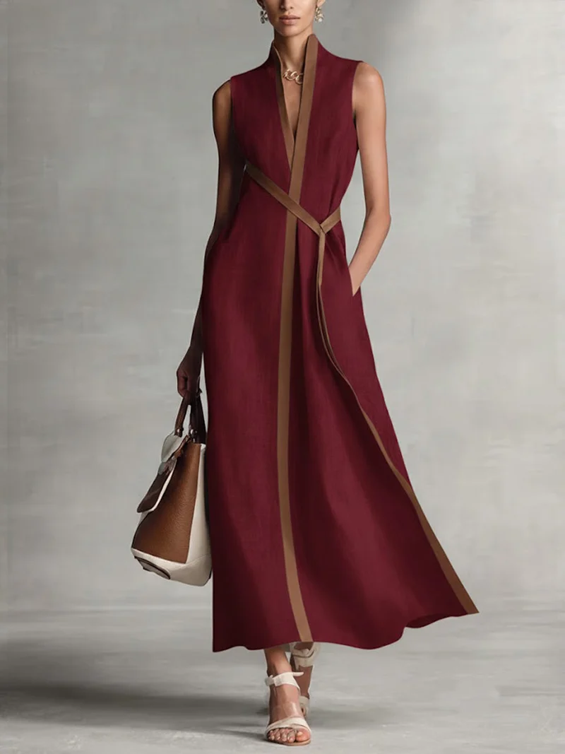 Damen Ärmelloses Baumwoll-Leinen Freizeitkleid mit Stehkragen