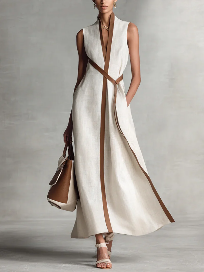 Damen Ärmelloses Baumwoll-Leinen Freizeitkleid mit Stehkragen