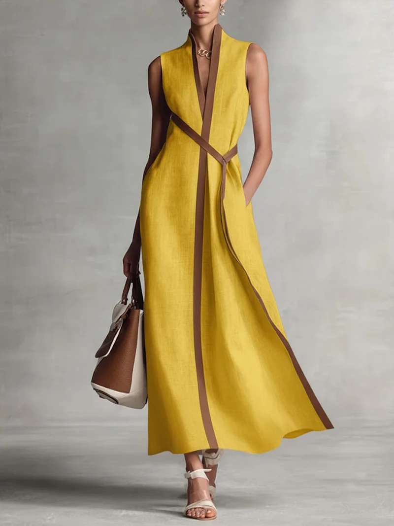 Damen Ärmelloses Baumwoll-Leinen Freizeitkleid mit Stehkragen