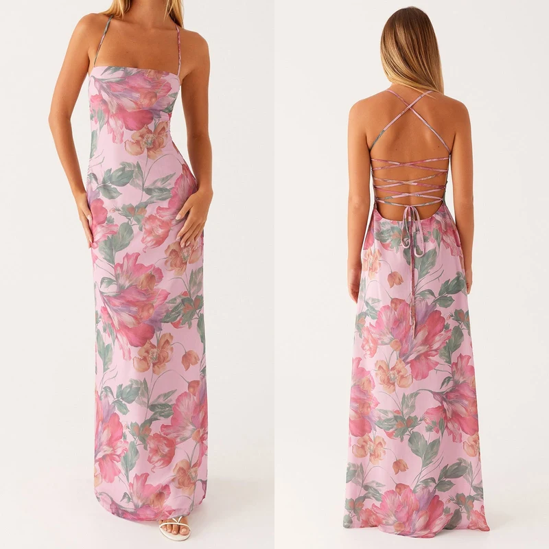 Damen Blumen Maxikleid Sommer Ärmelloses Strandkleid