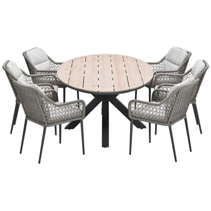 Toledo tuinset 7-delig carbon black rope taupe met Edison tuintafel ovaal 220x115 cm light teak vironwood