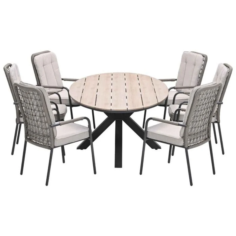 Venice tuinset 7-delig carbon black rope taupe met Edison tuintafel ovaal 220x115 cm light teak vironwood