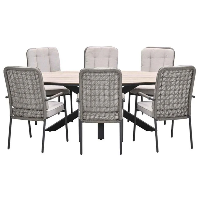 Venice tuinset 7-delig carbon black rope taupe met Edison tuintafel ovaal 220x115 cm light teak vironwood