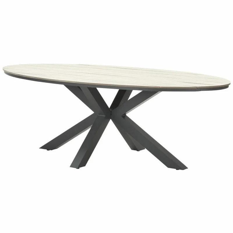 Venice tuinset 7-delig carbon black rope taupe met Edison tuintafel ovaal 220x115 cm light teak vironwood
