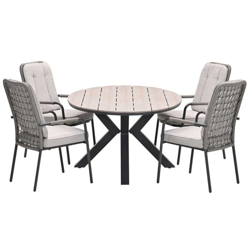 Venice tuinset 5-delig carbon black rope taupe met Edison tuintafel ovaal 180x115 cm light teak vironwood