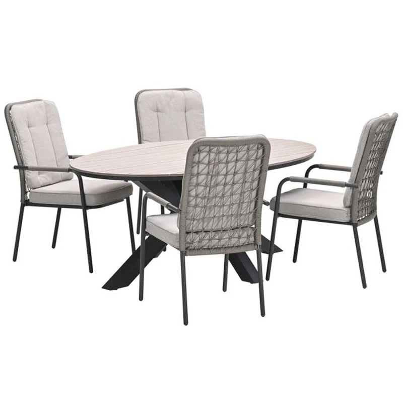 Venice tuinset 5-delig carbon black rope taupe met Edison tuintafel ovaal 180x115 cm light teak vironwood