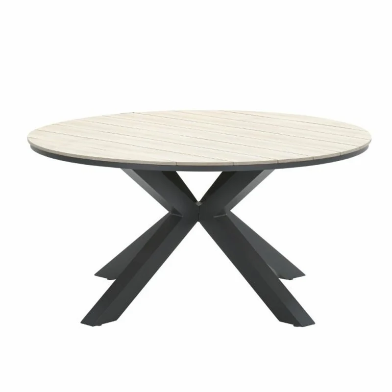 Venice tuinset 6-delig carbon black rope taupe met Edison tuintafel rond 148 cm light teak vironwood