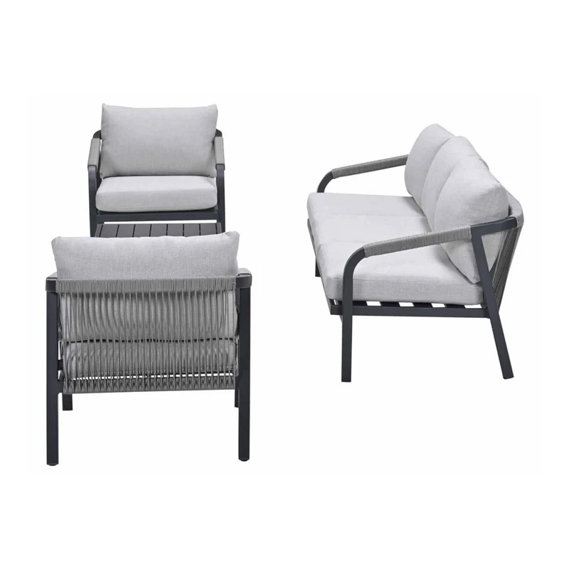 Monti stoel-bank loungeset aluminium/rope 4-delig - carbon black - rope taupe