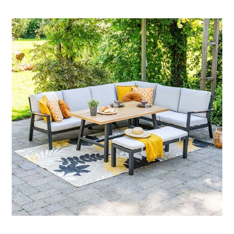 Elati lounge-dining hoekset - 5-delig - carbon black - valley sand - light teaklook