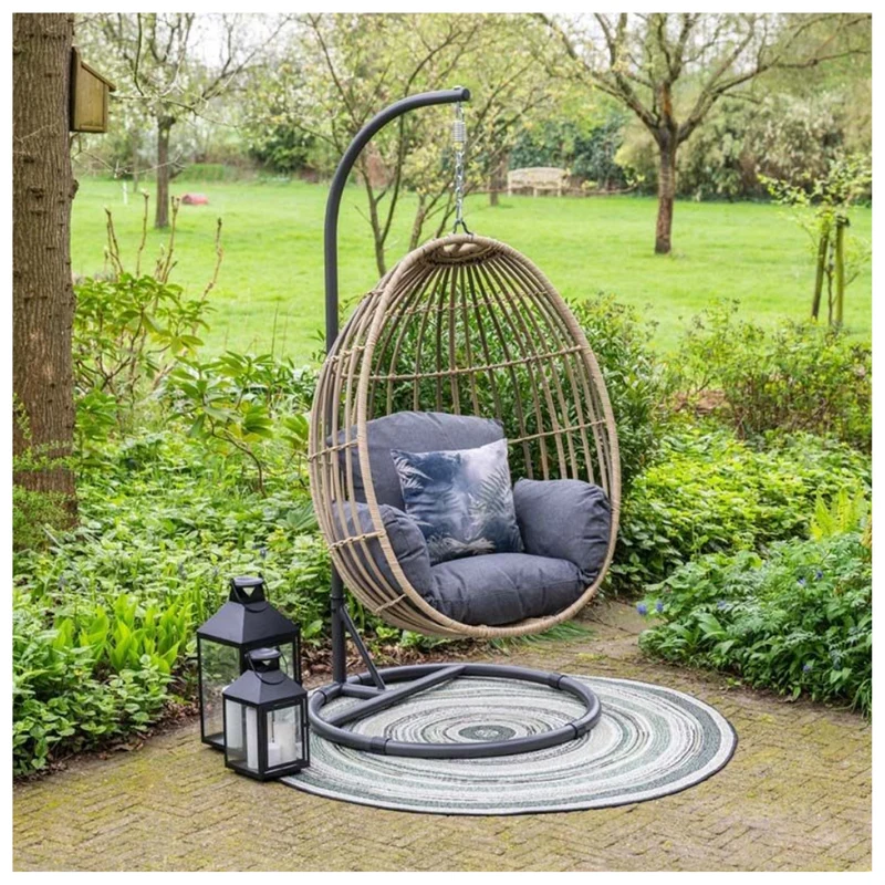 Panama hangstoel met standaard - eivorm - carbon black - natural rotan - mystic grey