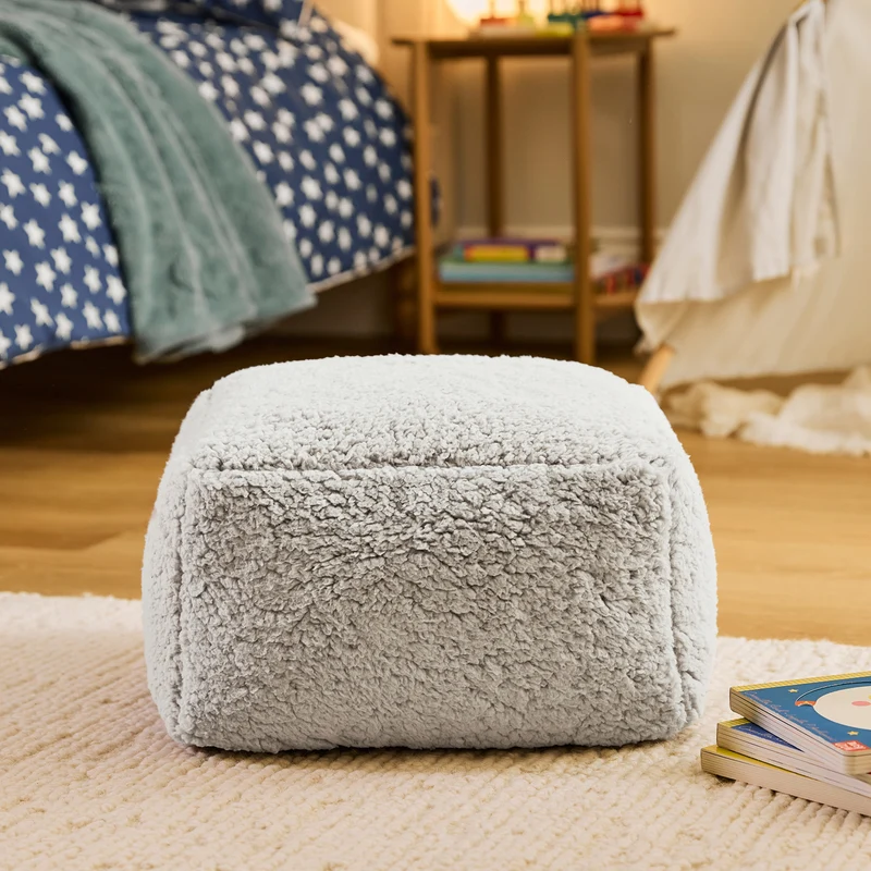 Mini Amara Teddy-Fleece-Fußhocker, quadratisch - Grau