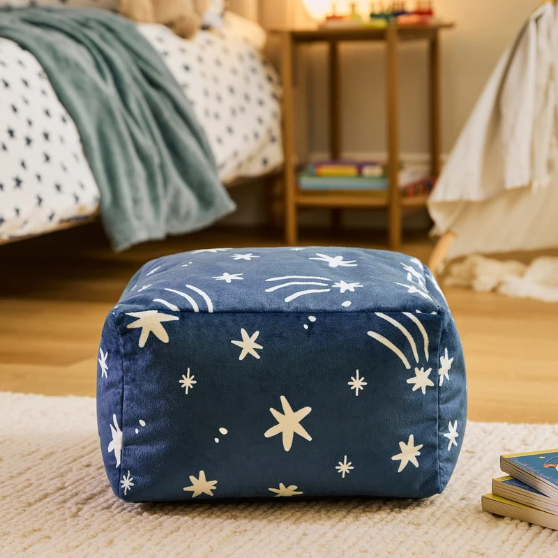 Mini Amara Star quadratischer Fußhocker aus gebürstetem Samt – Tintenblau