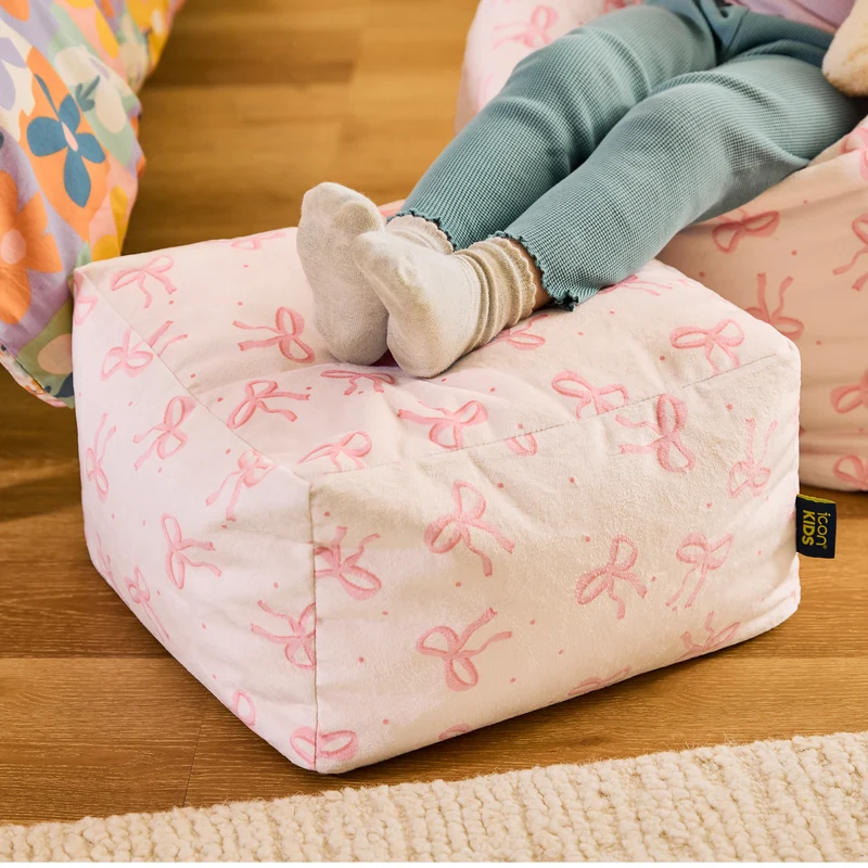 Mini Amara Bow Quadratischer Fußhocker aus gebürstetem Samt – Rosa