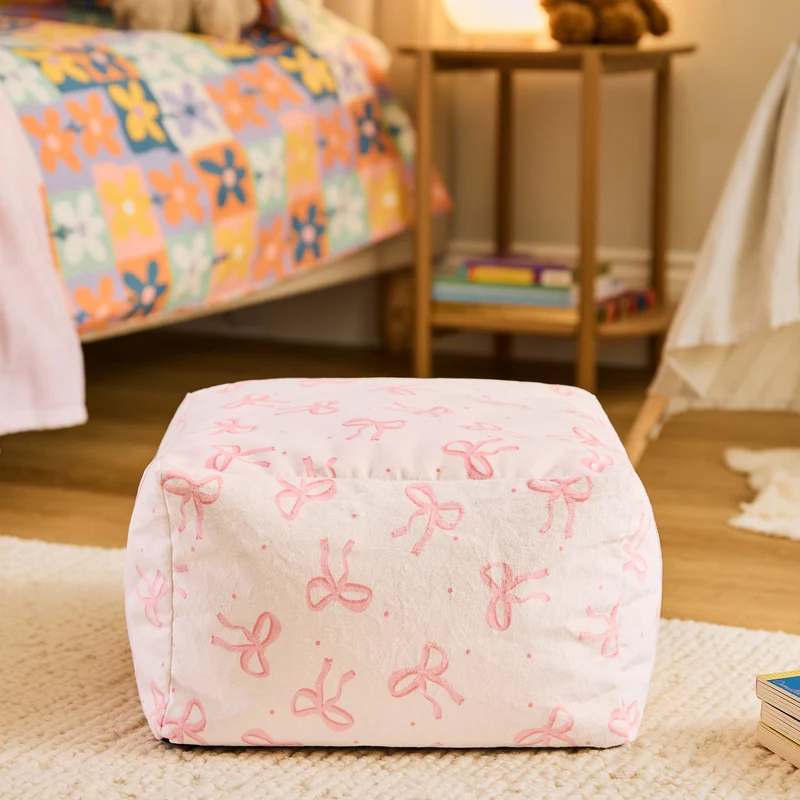 Mini Amara Bow Quadratischer Fußhocker aus gebürstetem Samt – Rosa