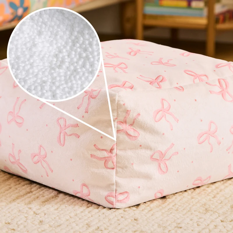 Mini Amara Bow Quadratischer Fußhocker aus gebürstetem Samt – Rosa