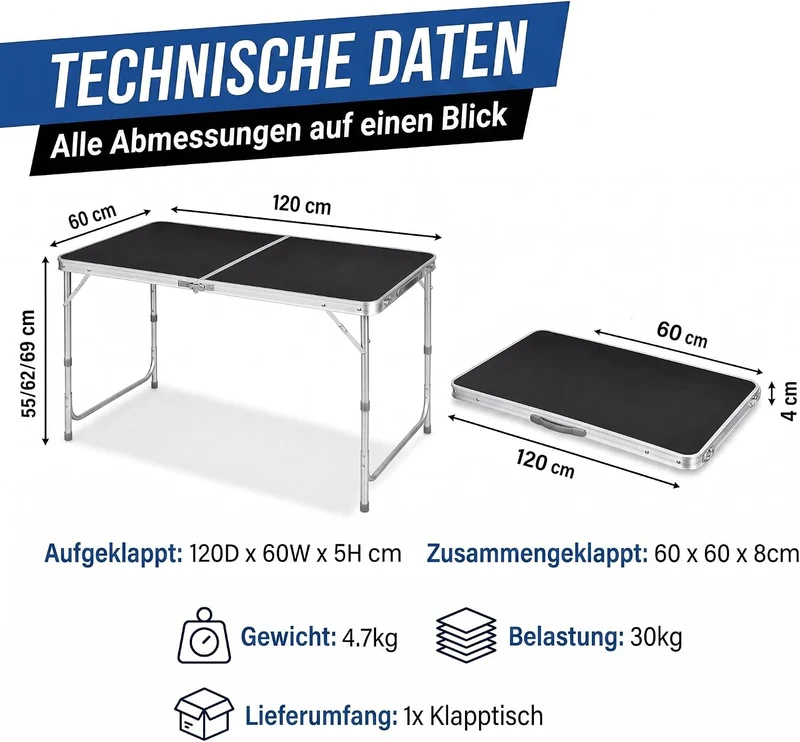 1-B Ware - Klapptisch aus Aluminium 120x60cm; Farbe: Schwarz