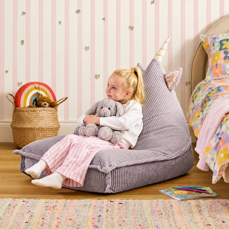 Kinder Cord-Sitzsack und Kissen "Luna Einhorn" - Lavendel