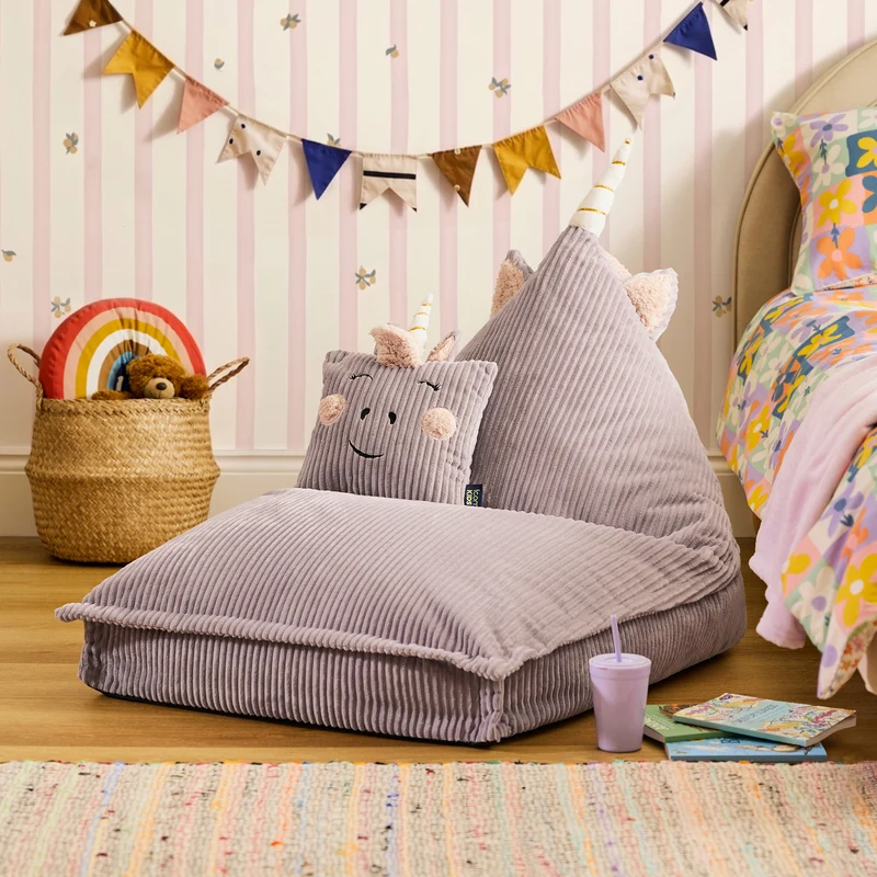 Kinder Cord-Sitzsack und Kissen "Luna Einhorn" - Lavendel