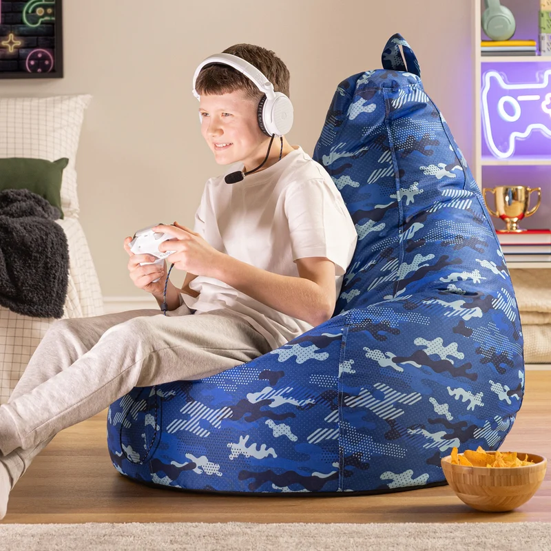 Gaming-Sitzsack mit Rückenlehne, wasserabweisend, blaues Camouflage-Muster