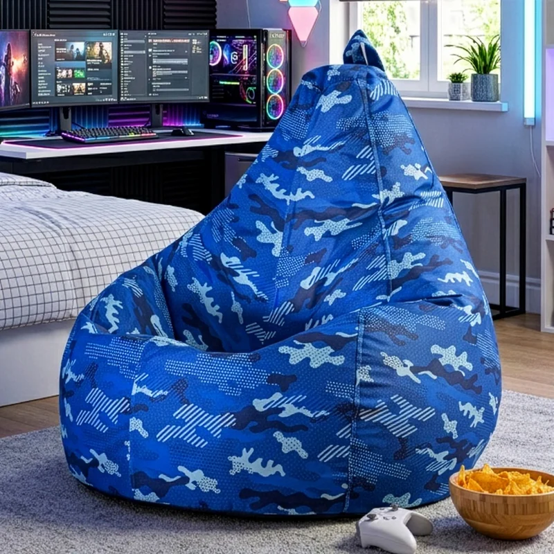 Gaming-Sitzsack mit Rückenlehne, wasserabweisend, blaues Camouflage-Muster