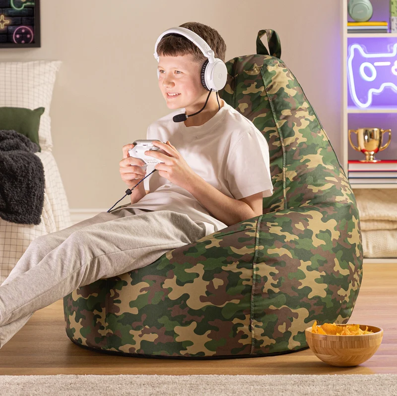 Sitzsack mit Rückenlehne für Gamer, wasserabweisend, grünes Camouflage-Muster
