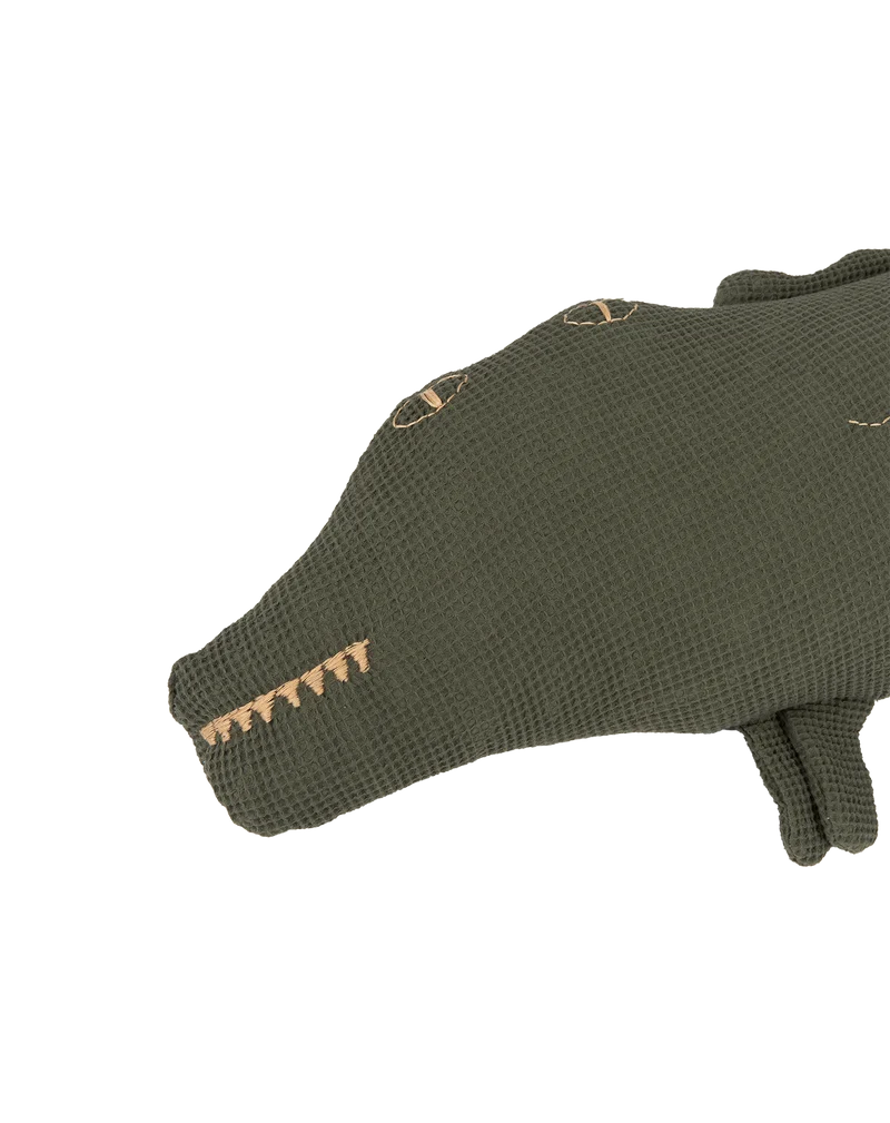 Embroidered crocodile cushion in washed cotton Wabi-Sabi