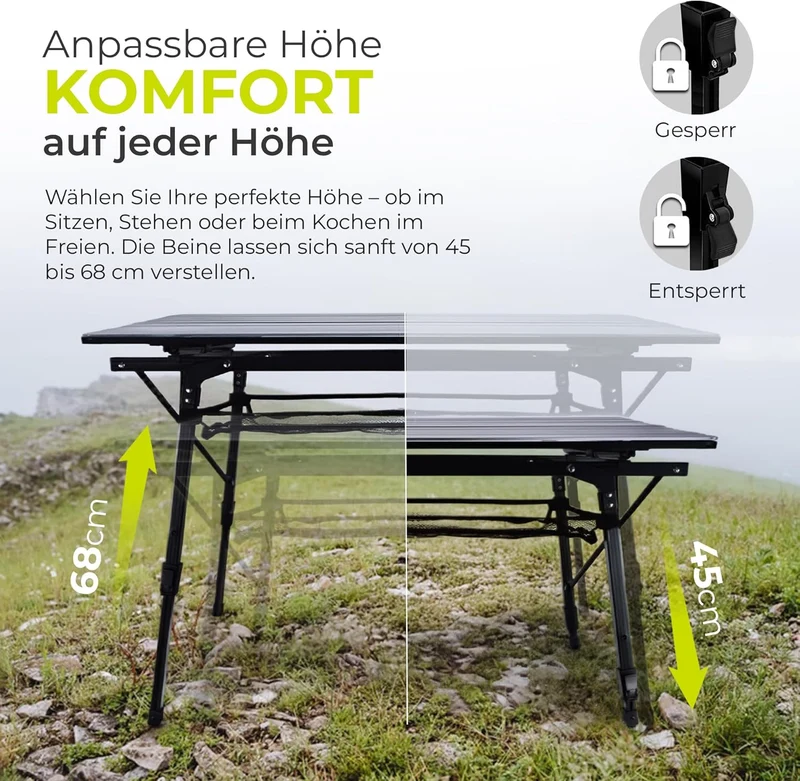 Faltbarer Campingtisch aus Aluminium mit Rollplatte & Tasche