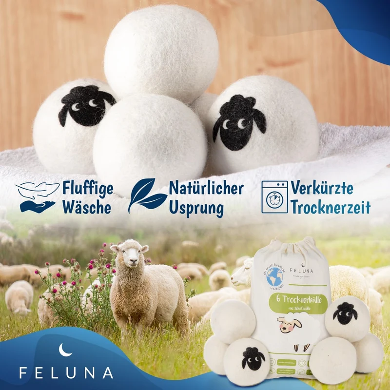 Trocknerbälle 6er Set - 100% Schafwolle für weiche Wäsche