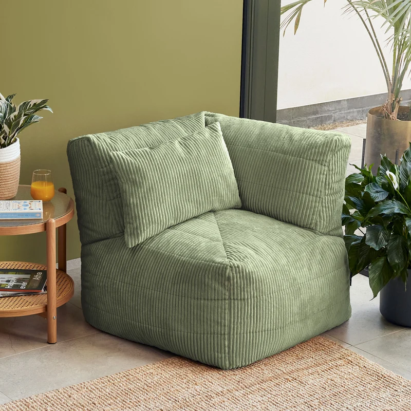 Noa Modularer Sitzsack-Ecksessel, Jumbo Cord, Salbeigrün