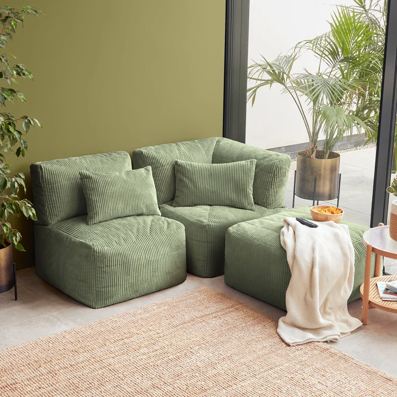 Noa Modularer Sitzsack-Ecksessel, Jumbo Cord, Salbeigrün