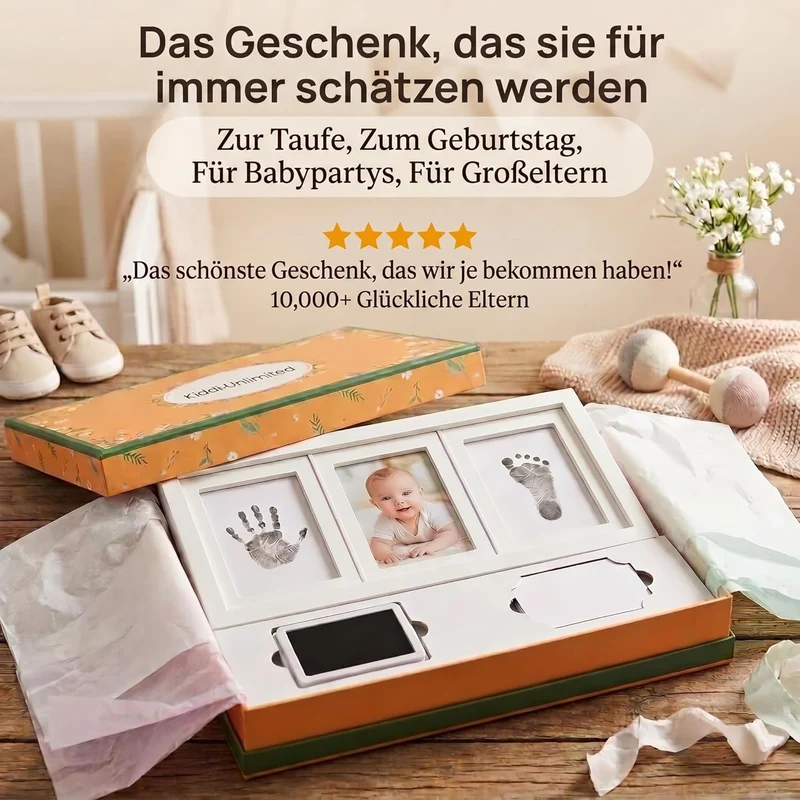Baby Abdruckset mit Bilderrahmen - Holz-Rahmen für Hand & Fuß