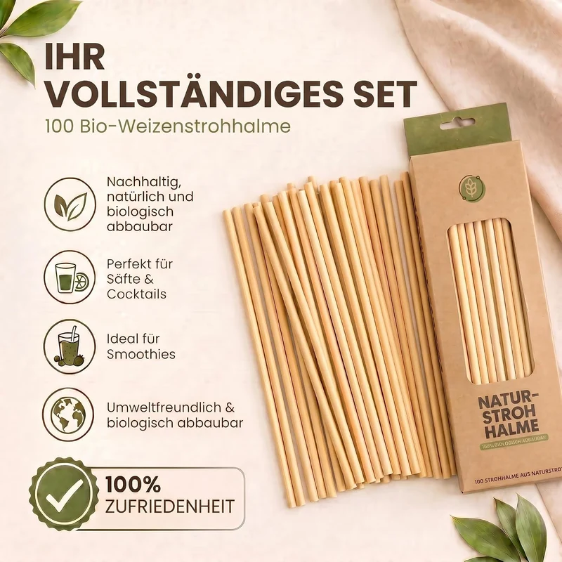 100 Bio Weizenstrohhalme - Nachhaltig, Biologisch & Geschmacksecht