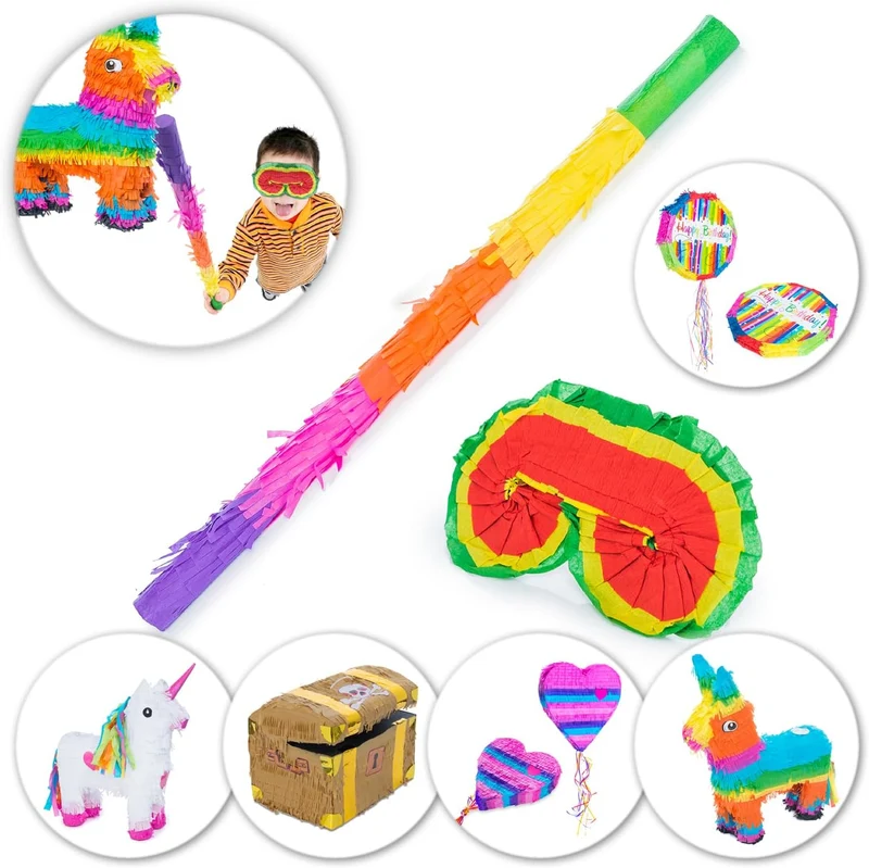 Piñata Set für Kindergeburtstag mit Stab & Augenmaske – Bunter Spaß