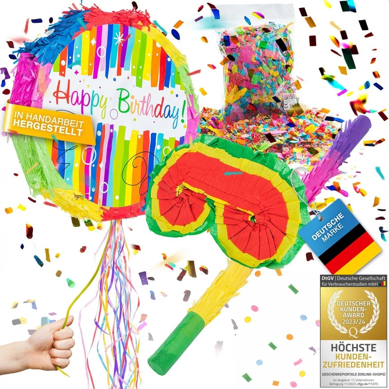 Piñata Set für Kindergeburtstag mit Stab & Augenmaske – Bunter Spaß
