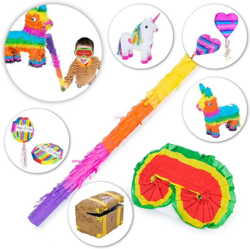 Piñata Set für Kindergeburtstag mit Stab & Augenmaske – Bunter Spaß