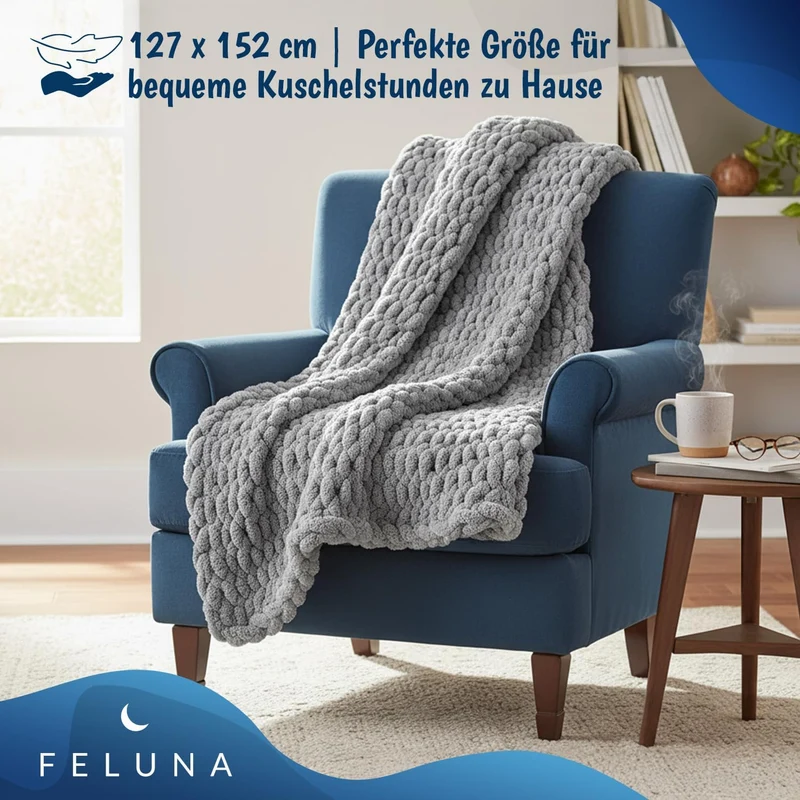 Feluna Grob gestrickte Kuscheldecke – Flauschige Wohndecke XXL