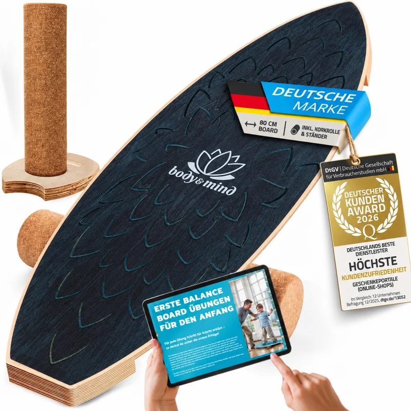 Balance-Board Surfbrett mit Korkrolle & Ständer – Fitness Board 80 cm