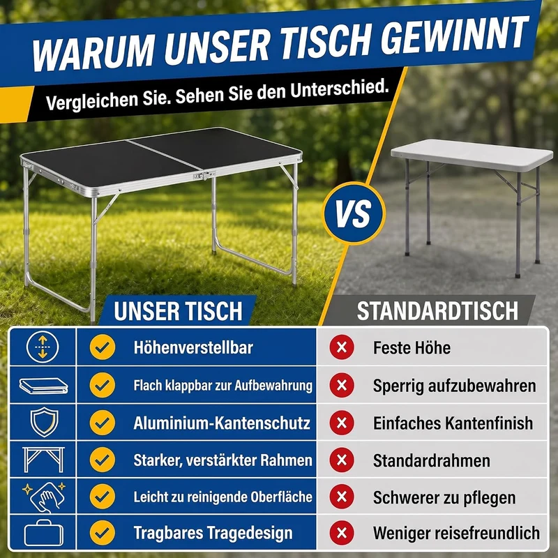 Klappbarer Campingtisch 120x60cm inkl. 4 Hocker für Outdoor