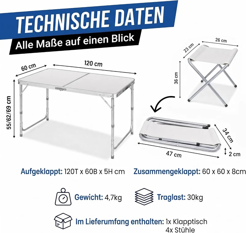 Klappbarer Campingtisch 120x60cm inkl. 4 Hocker für Outdoor