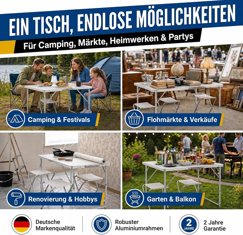 Klappbarer Campingtisch 120x60cm inkl. 4 Hocker für Outdoor