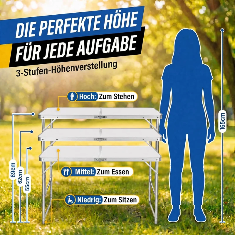 Klappbarer Campingtisch 120x60cm inkl. 4 Hocker für Outdoor