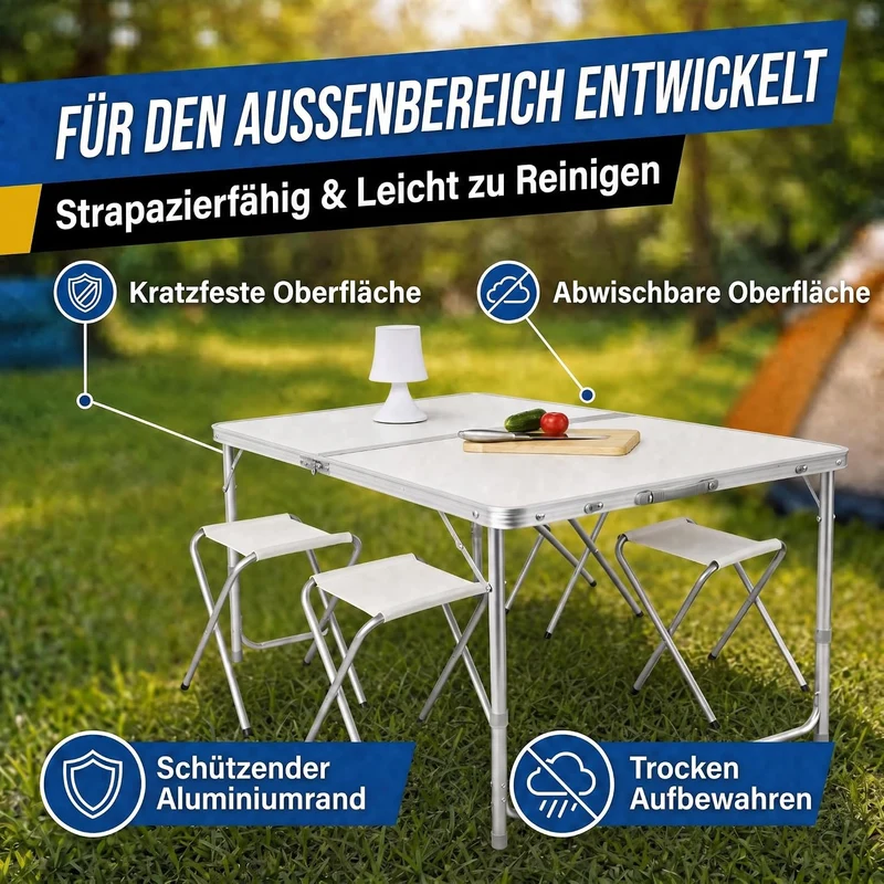Klappbarer Campingtisch 120x60cm inkl. 4 Hocker für Outdoor