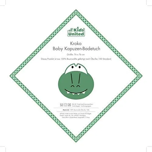 Krokodil Kapuzenhandtuch Baby - 100% Baumwolle Öko-Tex 76x76cm
