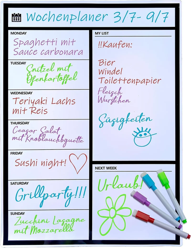 Magnetischer Wochenplaner für Kühlschrank - Whiteboard mit 4 Stiften