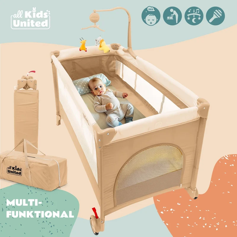 Baby Reisebett mit Wickelauflage & Mobile - Faltbar & Kompakt