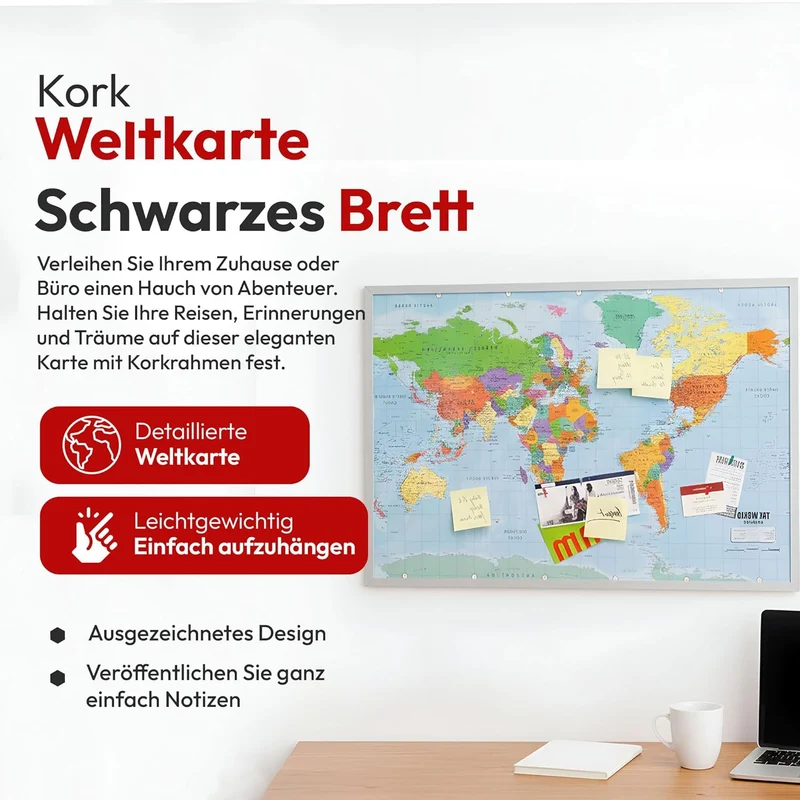 Weltkarte Pinnwand 90x60 cm Kork - Memoboard mit Markierungsfähnchen